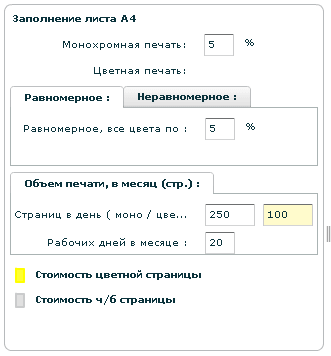 Панель установки параметров для сравнения стоимости печати